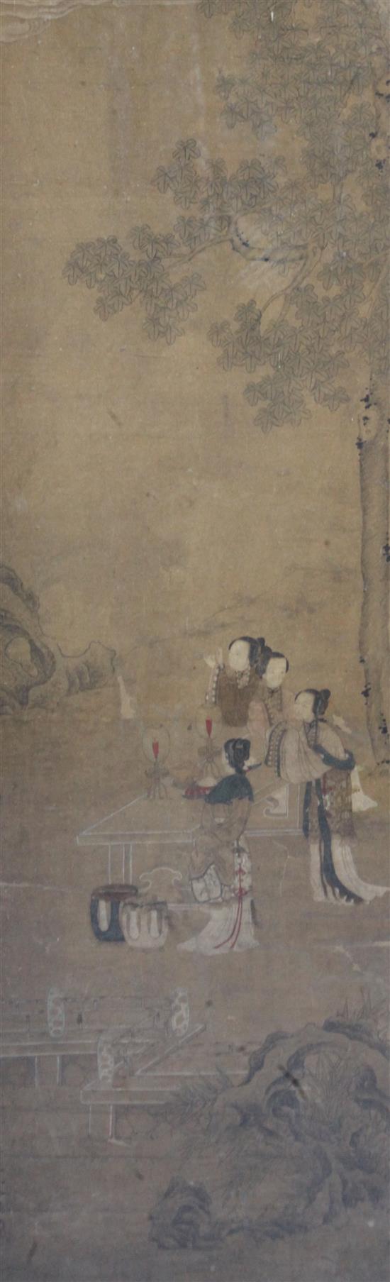 Two Chinese School paintings on paper of ladies, 18th/19th century, 142cm x 41cm, framed and glazed